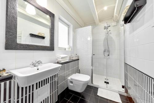 什切尔克Górska Legenda Apartamenty & Domki的一间带水槽、卫生间和淋浴的浴室