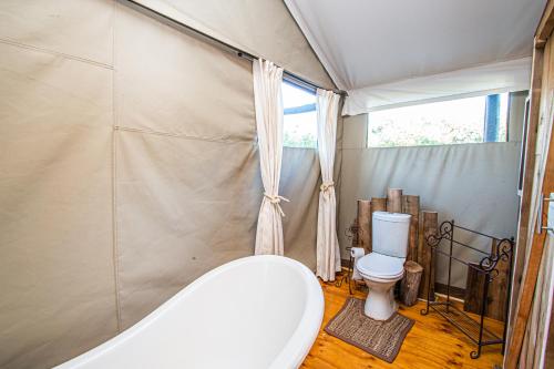 侯斯普瑞特Mountain View Safari Lodge的带浴缸和卫生间的浴室。