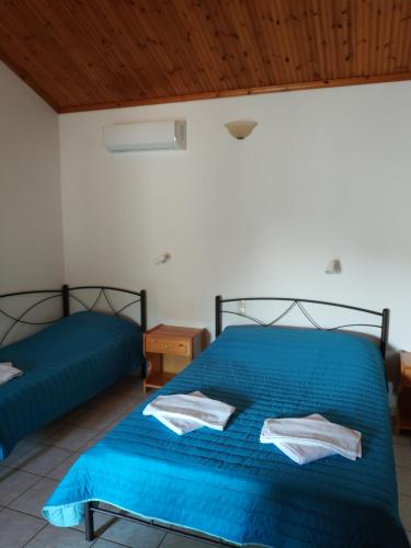 斯基亚索斯镇Asimina's House的一间卧室设有两张带蓝色床单的床和木制天花板。
