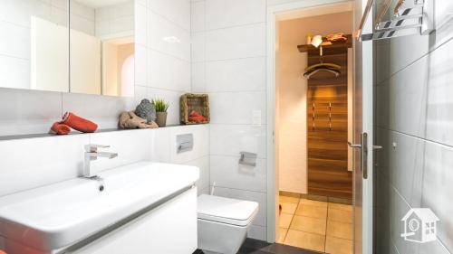 埃梅滕Ob Vierwaldstättersee的浴室配有卫生间、盥洗盆和淋浴。