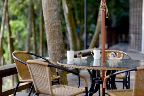 鱼池乡日月潭竹石园生态渡假会馆的桌子,两把椅子,桌子,杯子