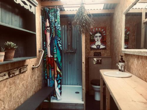 ColkirkThe Oaks Glamping - Pips Cabin的一间带水槽和卫生间的浴室以及窗户。
