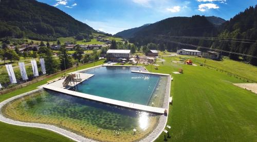 克勒施特勒Alpine Lodge Klösterle am Arlberg的绿色田野上大型游泳池的顶部景色
