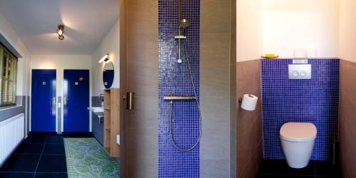 BeuningenB&B De Sprokkeltuin的浴室设有蓝色瓷砖淋浴和卫生间