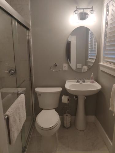 查尔斯顿86号古朴教堂街宾馆的一间带卫生间、水槽和镜子的浴室
