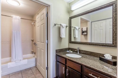 哈里斯堡Candlewood Suites Harrisburg I-81 Hershey Area, an IHG Hotel的一间带水槽、浴缸和镜子的浴室