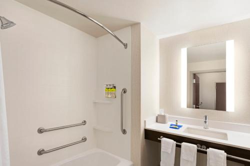 杜兰特杜兰特快捷假日&套房酒店的浴室配有盥洗盆、卫生间和浴缸。