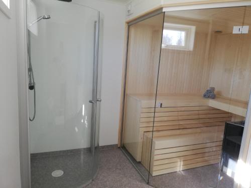 莫拉Large apartment with sauna in central Mora的浴室里设有玻璃门淋浴