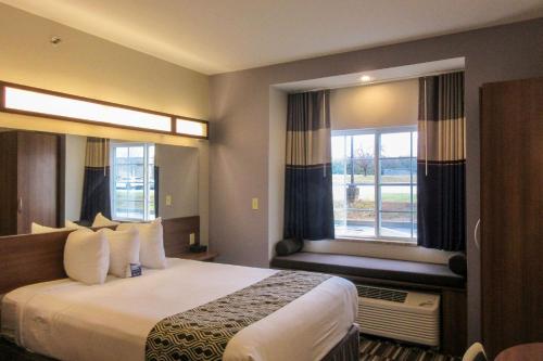 CaldwellQuality Inn & Suites的酒店客房设有一张床和两个窗户。