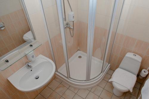 里加Hotel Edvards的带淋浴、盥洗盆和卫生间的浴室
