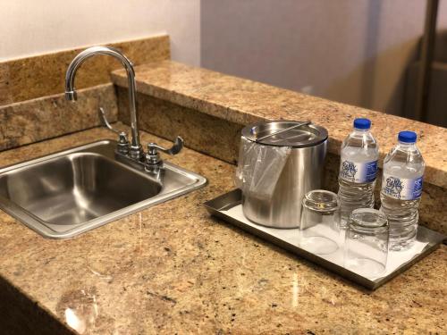 斯克兰顿斯克兰顿拉克万纳站雷迪森酒店的带水槽的厨房台面和2瓶水
