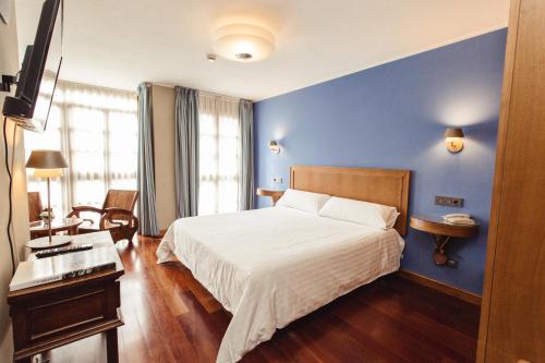 坎加斯-德奥尼斯伊尔塞拉酒店的一间卧室设有一张床和蓝色的墙壁