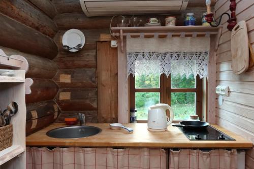 Vidriku AsundusToidupada puhkemaja的小木屋内的厨房,配有水槽和窗户