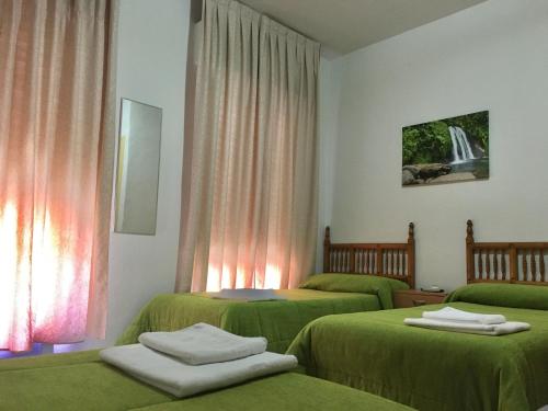托莱多圣巴巴拉旅馆的客房 - 带两张带绿床单的床