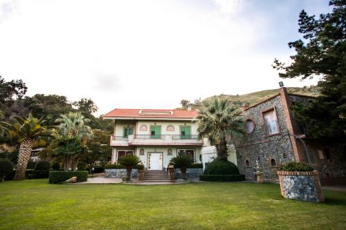 墨西拿B & B Le Casette sull'albero di Villa Alba的庭院里种有棕榈树的大房子