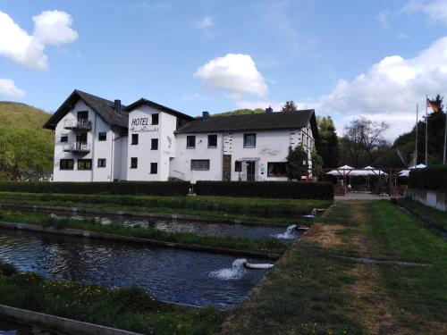 布尔根Hotel Forellenzucht的一座白色的大建筑,前面有一个池塘