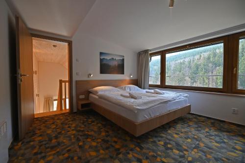 多尔尼莫拉瓦Vetrnik Depandance Hotelu Jirinka的一间卧室设有一张床和一个大窗户