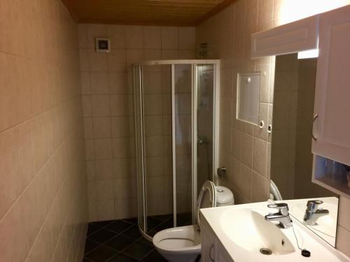 SeljeNabben Inn的带淋浴、卫生间和盥洗盆的浴室