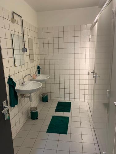莫尔狄克Pension Moerdijk的浴室设有两个盥洗盆和带绿色垫的淋浴。