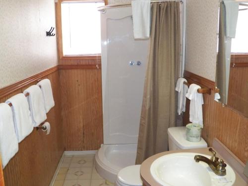 韦斯特波特海洋大道汽车旅馆的一间带水槽、卫生间和淋浴的浴室