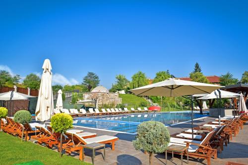 班斯科Regnum Bansko Ski Hotel & SPA的一个带椅子和遮阳伞的游泳池