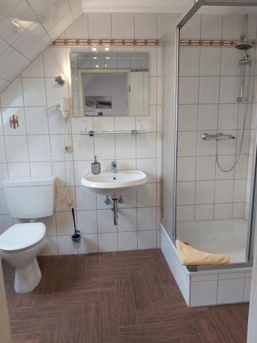 居斯特罗赫斯达斯克莱恩膳食公寓宾馆的浴室配有卫生间、淋浴和盥洗盆。