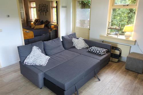 羊角村De Aardigeyt的客厅配有蓝色的沙发和床。