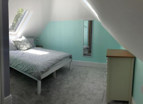 迪德科特The Annex, Manor Road, Didcot的一间拥有蓝色墙壁的卧室和一张带镜子的床