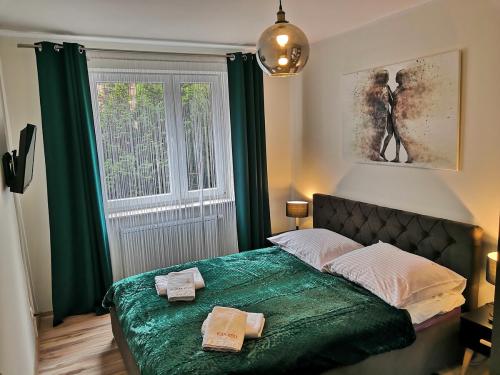 科宁Apartament KAKADU的一间卧室配有一张带绿色床单的床和一扇窗户。