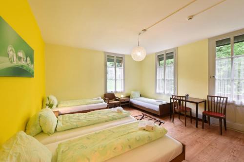 因特拉肯乌斯普嫩经济酒店的一间卧室配有两张床和一张桌子及椅子