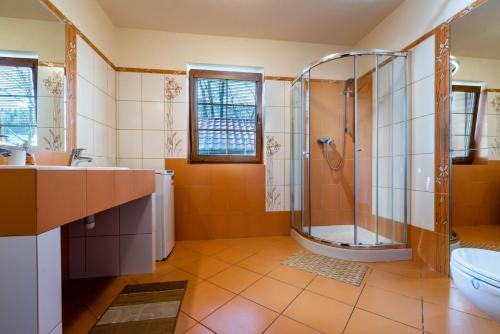 耶泽尔斯科Chalupa Josta - 4 spálne - 3 kúpeľne - krytý altánok - skibus zastávka - wifi的带淋浴、盥洗盆和卫生间的浴室