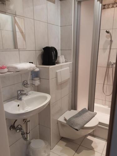 上特劳恩荷花公寓式酒店的一间带水槽、卫生间和淋浴的浴室