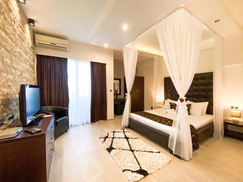 乌尔齐尼RESIDENCE Apartments的一间卧室配有一张带窗帘的床和电视。