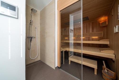 奥斯特巴德·哥伦Haus Heidelberg的一间带步入式淋浴间和玻璃淋浴间的浴室