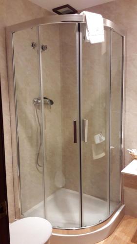 Herrera del DuqueHostal Restaurante Pacos的浴室里设有玻璃门淋浴