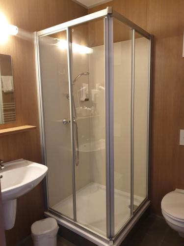 多瑙河畔海恩堡海博格好眠酒店&汽车旅馆的一间带卫生间的浴室内的玻璃淋浴间
