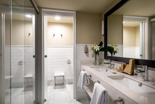 哈恩哈恩帕拉多酒店的一间带水槽、淋浴和镜子的浴室
