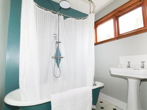 阿伯劳尔Annfield的浴室配有淋浴帘和盥洗盆。