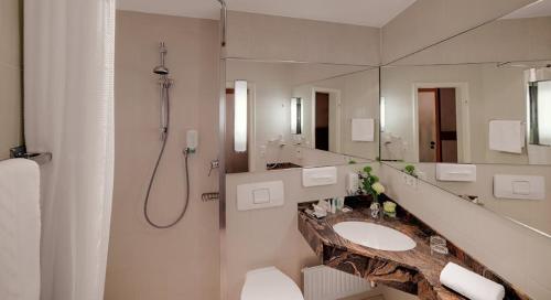 奥格斯堡市政厅酒店的一间带水槽和大镜子的浴室