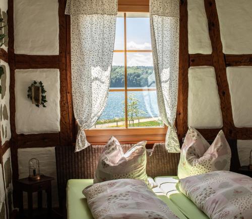 于伯林根Gästehaus zum Felsen的一间卧室设有窗户、沙发和枕头。