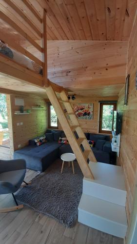 拉科维察Tiny House Grabovac的小木屋内带楼梯的客厅
