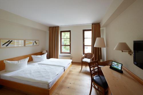 滕普林Hotel garni "Zum Eichwerder"的酒店客房配有一张床、一把椅子和一台电视。