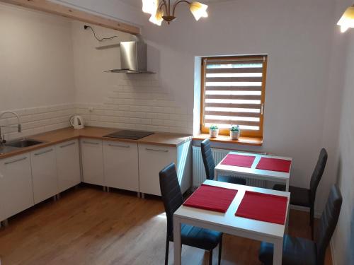 济夫努夫Pensjonat Belona的厨房配有桌椅、桌子和窗户。