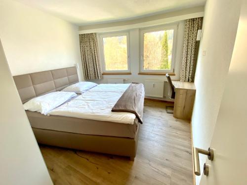 巴德小基希海姆Loft in Wasserstrasse的一间卧室设有一张床和两个窗户。