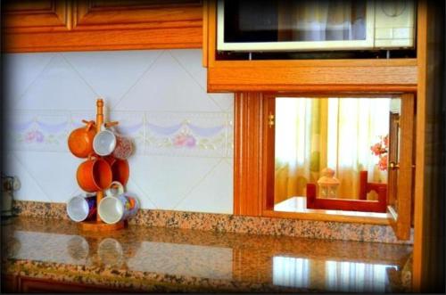 拉苏维亚玫瑰之角度假屋的挂在墙上的带锅碗瓢盆的厨房台