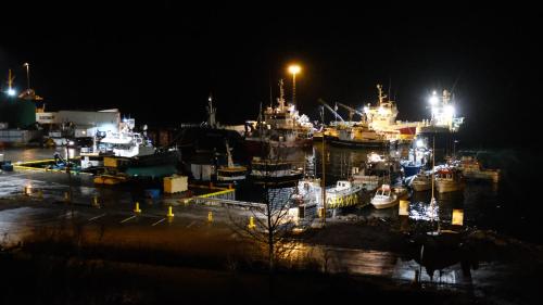 Bíldudalur海港住宿加早餐旅馆的一群船在晚上停靠在港口