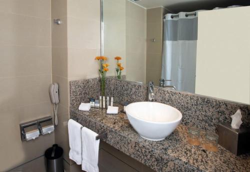 卡拉马Alto del Sol Calama的一间带白色碗水槽和淋浴的浴室
