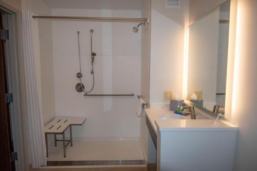 托纳万达Holiday Inn Express & Suites Tonawanda - Buffalo Area, an IHG Hotel的带淋浴和盥洗盆的白色浴室