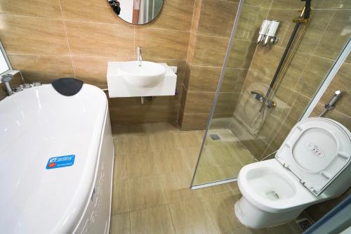 河内Hanoi Star Hotel的浴室配有卫生间、盥洗盆和淋浴。