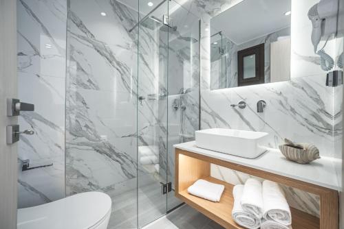 扎金索斯镇阿莱克托尔豪华公寓的带淋浴、卫生间和盥洗盆的浴室